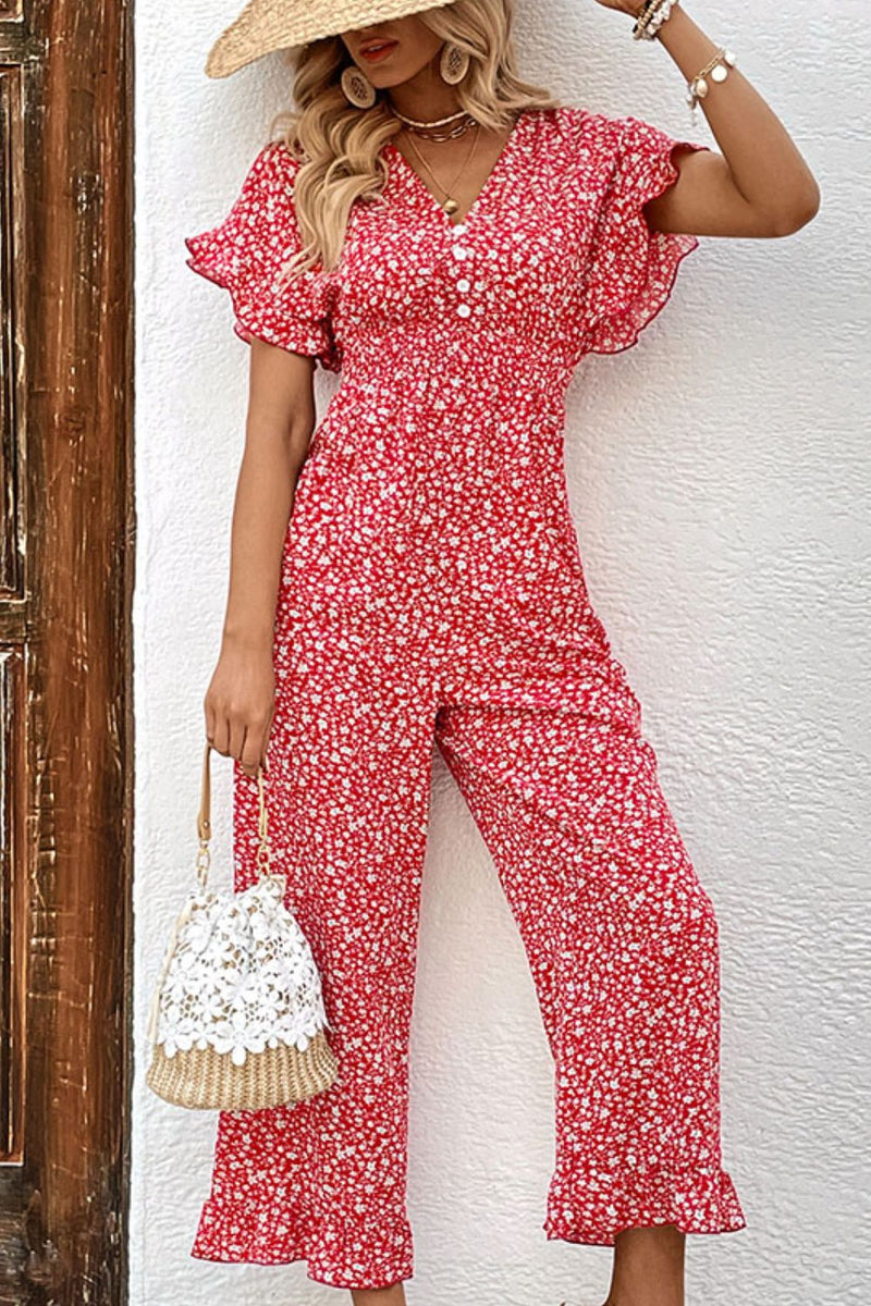 Printed Tie Back Ruffled Jumpsuit(PLEASE ALLOW 5-14 DAYS FOR PROCESSING AND SHIPPING)
