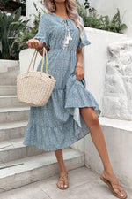 Printed Tassel Tie Flounce Sleeve Dress(PLEASE ALLOW 5-14 DAYS FOR PROCESSING AND SHIPPING)