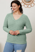 Full Size Ribbed V-Neck Long Sleeve Top