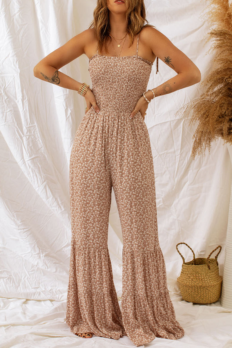 Floral Spaghetti Strap Smocked Wide Leg Jumpsuit(PLEASE ALLOW 5-14 DAYS FOR PROCESSING AND SHIPPING)