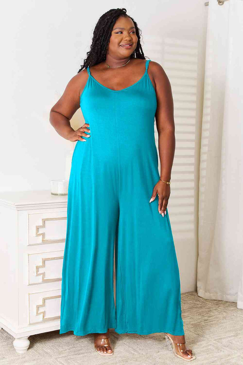 Full Size Soft Rayon Spaghetti Strap Tied Wide Leg Jumpsuit