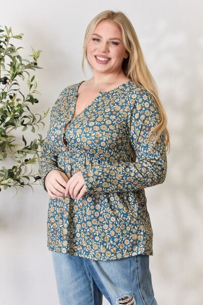 Full Size Floral Half Button Long Sleeve Blouse