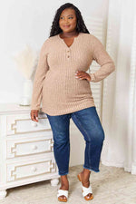 Notched Neck Ribbed Long Sleeve Shirt