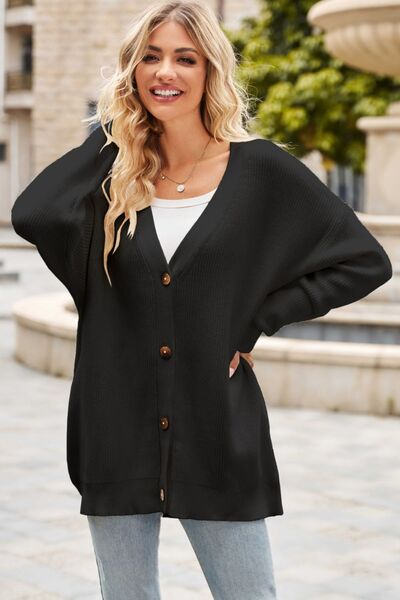 Ribbed Button Up Dropped Shoulder Cardigan