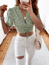 Floral Drawstring Deep V Cropped Blouse (PLEASE ALLOW 5-14 DAYS FOR PROCESSING)
