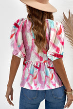 Printed V-Neck Babydoll Blouse(PLEASE ALLOW 7-14 BUSINESS DAYS FOR PROCESSING AND SHIPPING)