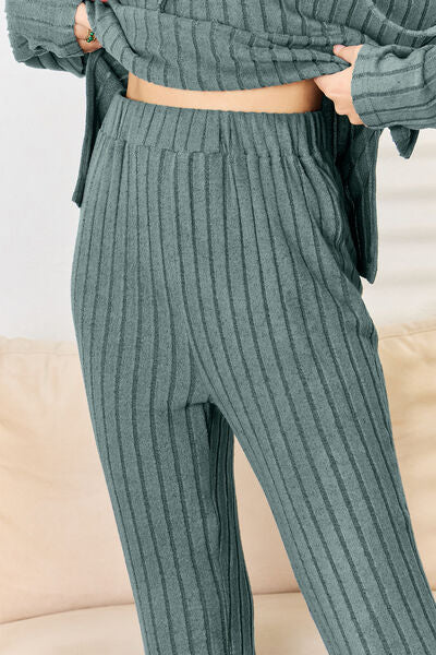 Full Size Ribbed Drawstring Hood Top and Straight Pants Set