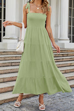 Tie-Shoulder Smocked Tiered Dress(PLEASE ALLOW 5-14 DAYS FOR PROCESSING AND SHIPPING)