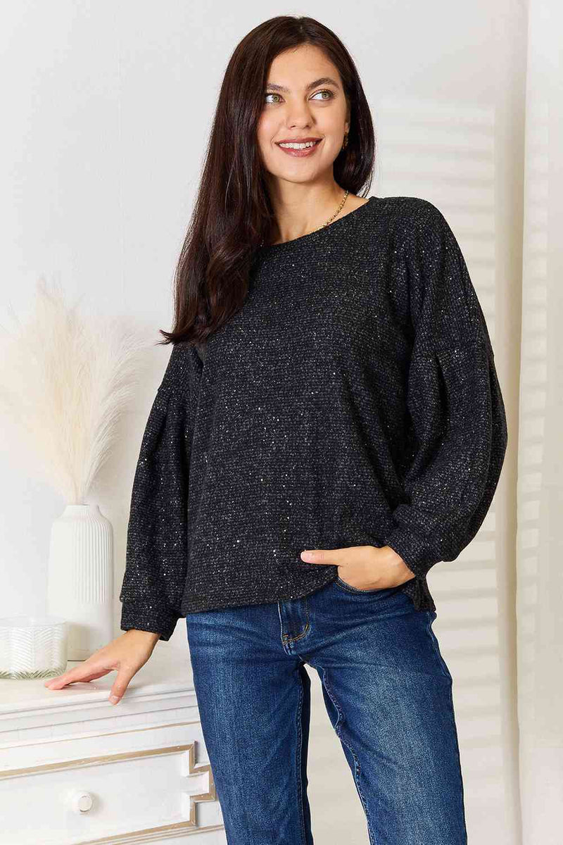 Full Size Boat Neck Glitter Long Sleeve Top