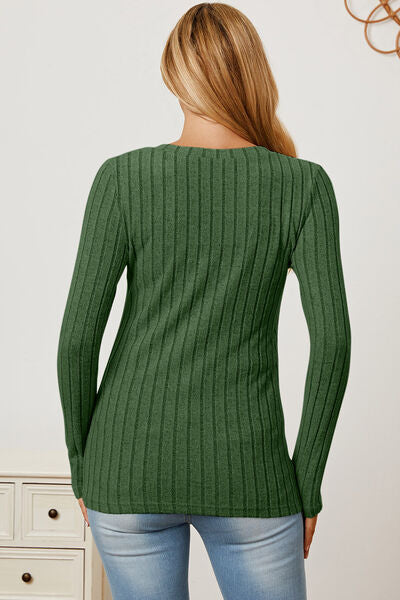 Full Size Ribbed V-Neck Long Sleeve Top