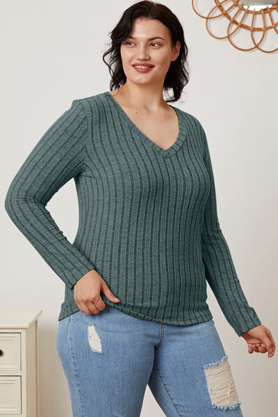 Full Size Ribbed V-Neck Long Sleeve Top