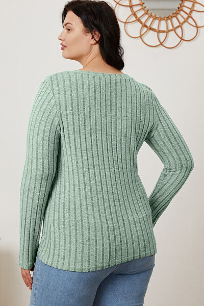 Full Size Ribbed V-Neck Long Sleeve Top