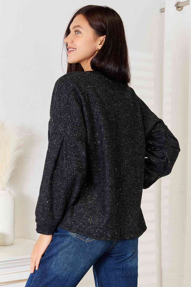 Full Size Boat Neck Glitter Long Sleeve Top
