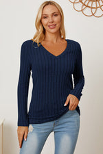 Full Size Ribbed V-Neck Long Sleeve Top