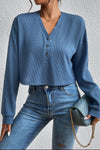 Cropped V-Neck Raglan Sleeve Buttoned Blouse (PLEASE ALLOW 7-15 DAYS FOR SHIPPING AND PROCESSING)