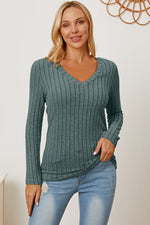 Full Size Ribbed V-Neck Long Sleeve Top