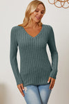 Full Size Ribbed V-Neck Long Sleeve Top