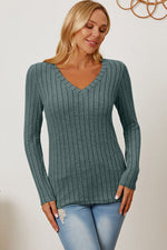 Full Size Ribbed V-Neck Long Sleeve Top