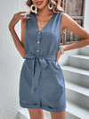 Tie-Waist Buttoned V-Neck Sleeveless Romper(PLEASE ALLOW 5-14 DAYS FOR PROCESSING AND SHIPPING)