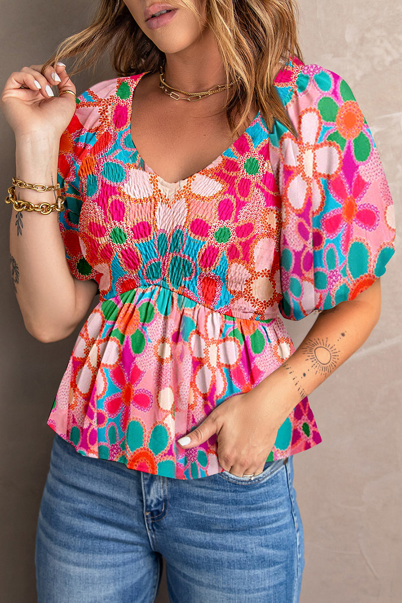 Printed V-Neck Babydoll Blouse(PLEASE ALLOW 7-14 BUSINESS DAYS FOR PROCESSING AND SHIPPING)