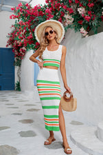 Striped Openwork Cropped Tank and Split Skirt Set (PLEASE ALLOW 5-15 BUSINESS DAYS FOR SHIPPING)
