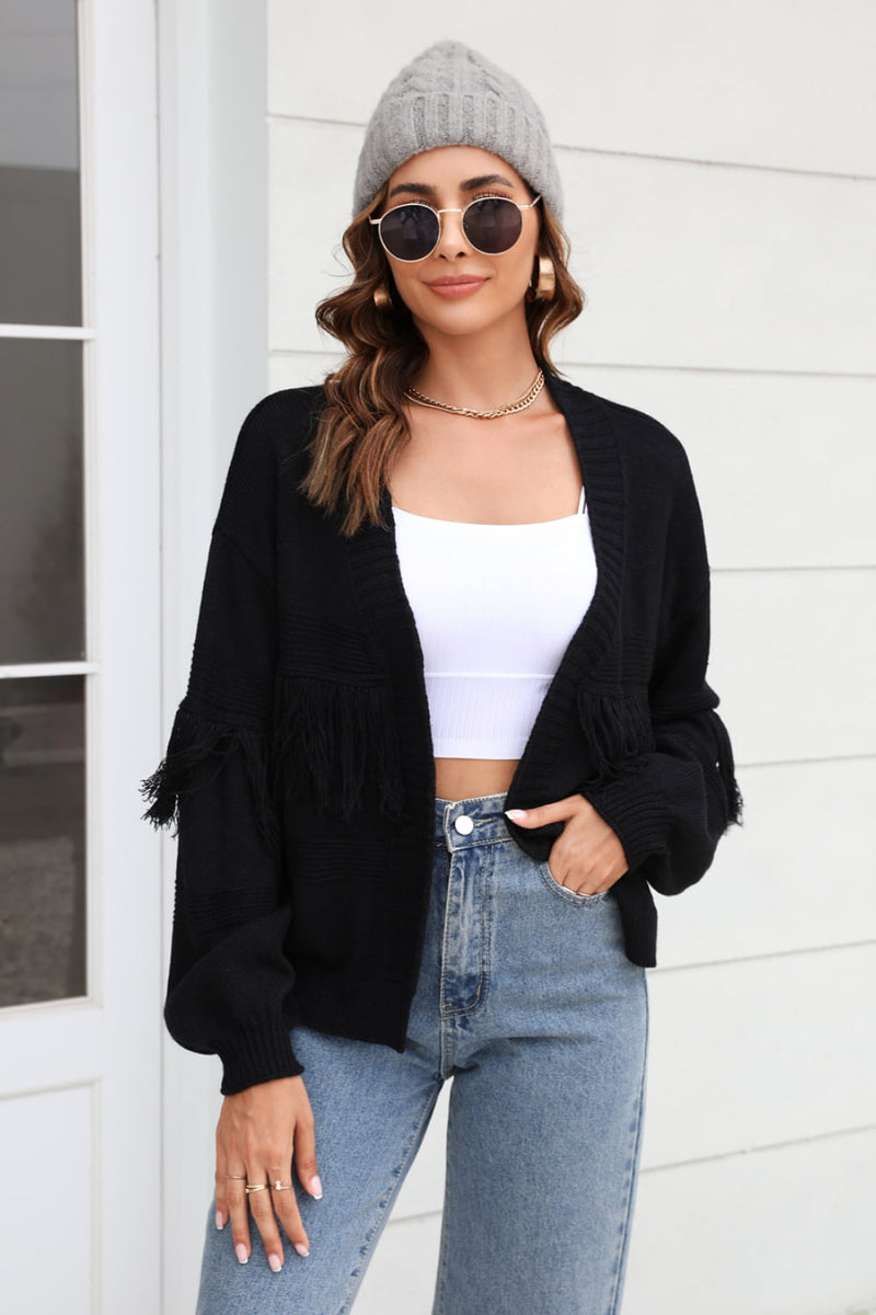 Fringe Trim Open Front Cardigan (PLEASE ALLOW 7-15 DAYS FOR SHIPPING AND PROCESSING)