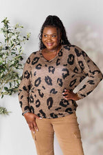 Full Size Leopard V-Neck Long Sleeve Top