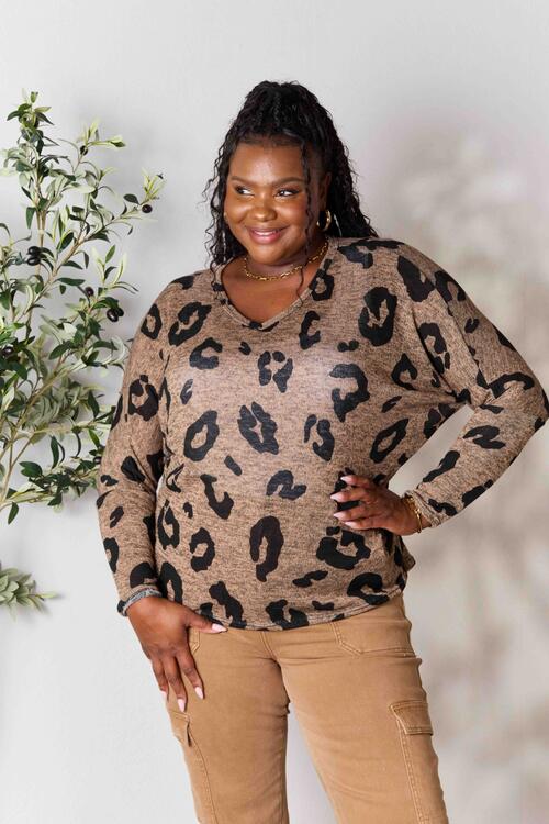 Full Size Leopard V-Neck Long Sleeve Top