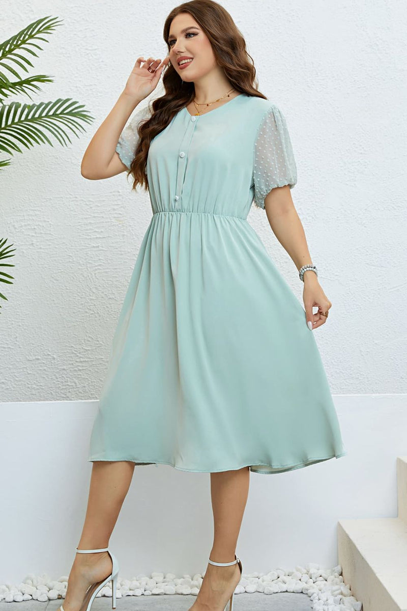 Swiss Dot Mesh Sleeve Buttoned Dress(PLEASE ALLOW 5-14 DAYS FOR PROCESSING AND SHIPPING)