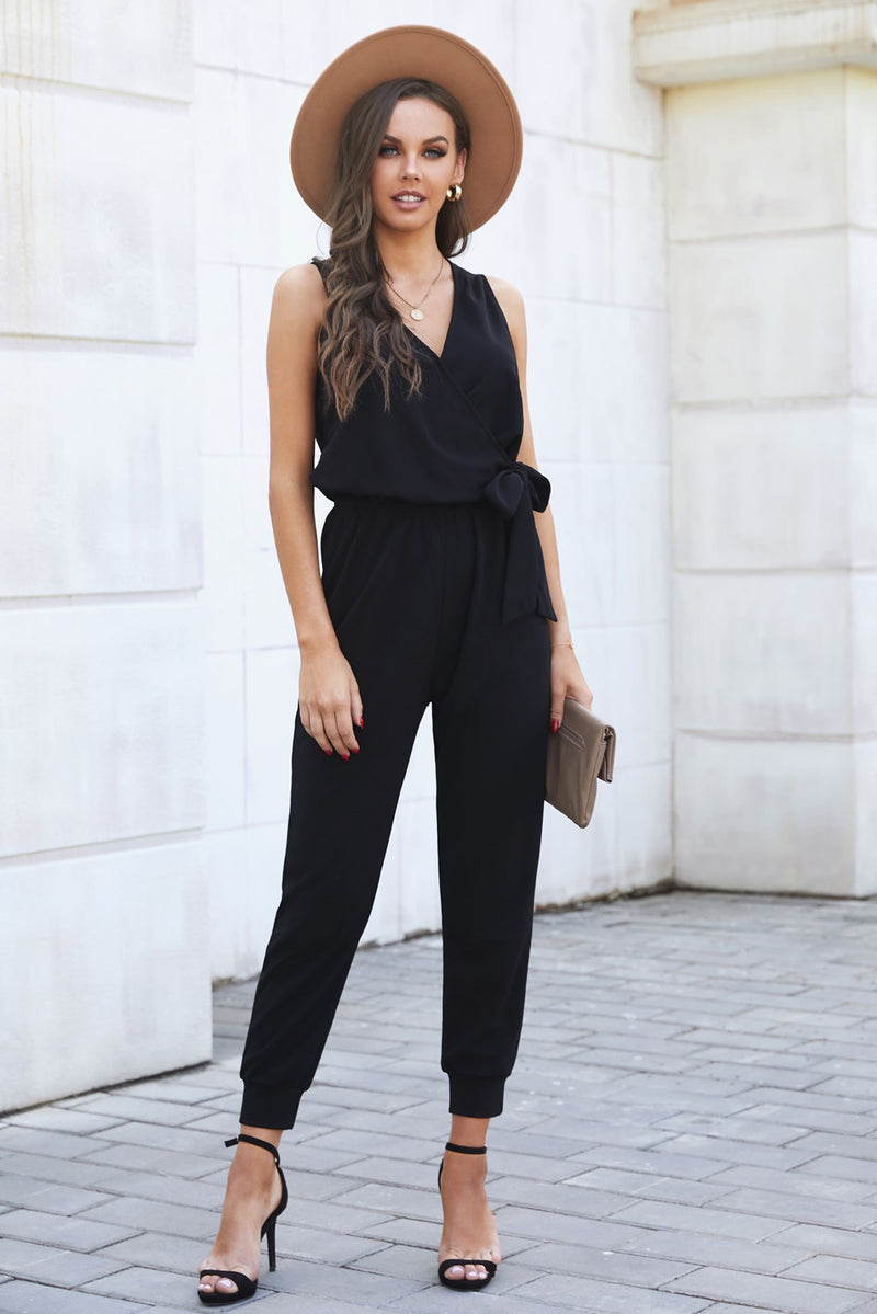 Tied Surplice Neck Sleeveless Jumpsuit (PLEASE ALLOW 5-14 DAYS FOR PROCESSING AND SHIPPING)
