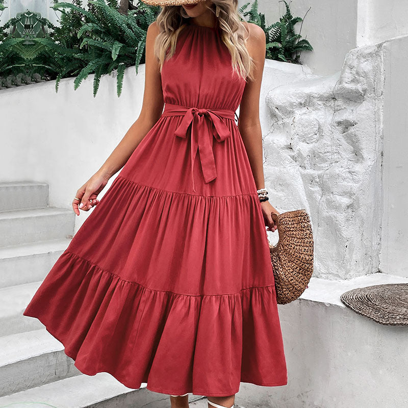 Tie Belt Tiered Midi Dress(PLEASE ALLOW 5-14 DAYS FOR PROCESSING AND SHIPPING)