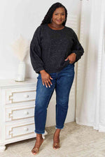 Full Size Boat Neck Glitter Long Sleeve Top