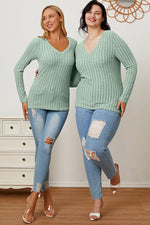 Full Size Ribbed V-Neck Long Sleeve Top