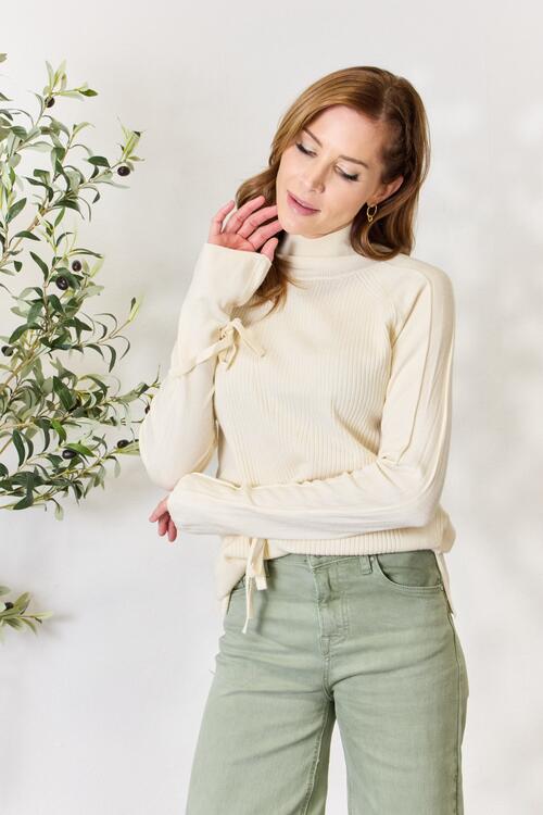 Full Size Ribbed Bow Detail Long Sleeve Turtleneck Knit Top