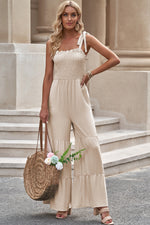 Tie-Shoulder Smocked Tiered Jumpsuit (PLEASE ALLOW 5-14 DAYS FOR PROCESSING AND SHIPPING)