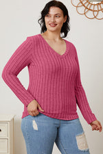 Full Size Ribbed V-Neck Long Sleeve Top