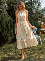 Grecian Neck Spliced Lace Midi Dress(PLEASE ALLOW 5-14 DAYS FOR PROCESSING AND SHIPPING)
