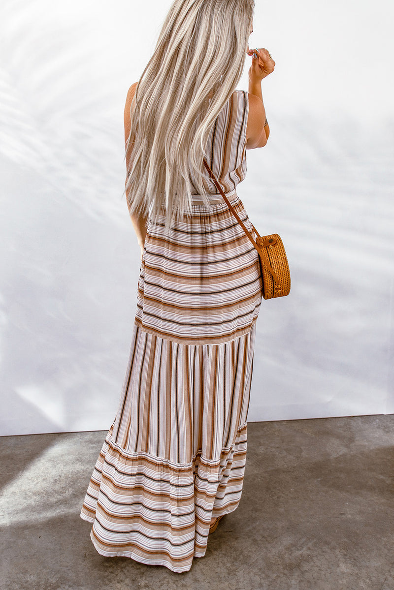 Striped Tie Waist Slit Sleeveless Dress(PLEASE ALLOW 5-14 DAYS FOR PROCESSING AND SHIPPING)