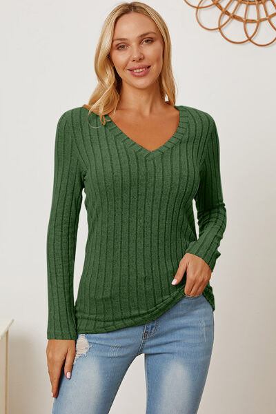 Full Size Ribbed V-Neck Long Sleeve Top