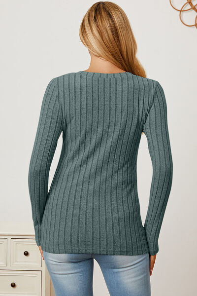 Full Size Ribbed V-Neck Long Sleeve Top