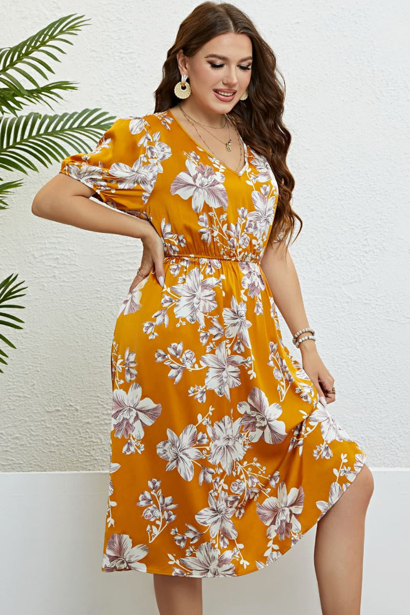 Floral V-Neck Puff Sleeve Dress(PLEASE ALLOW 5-14 DAYS FOR PROCESSING AND SHIPPING)