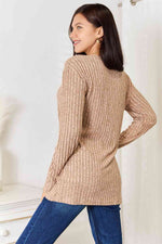 Notched Neck Ribbed Long Sleeve Shirt