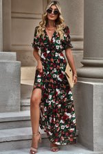 Floral V-Neck Short Flounce Sleeve Dress(PLEASE ALLOW 5-14 DAYS FOR PROCESSING AND SHIPPING)