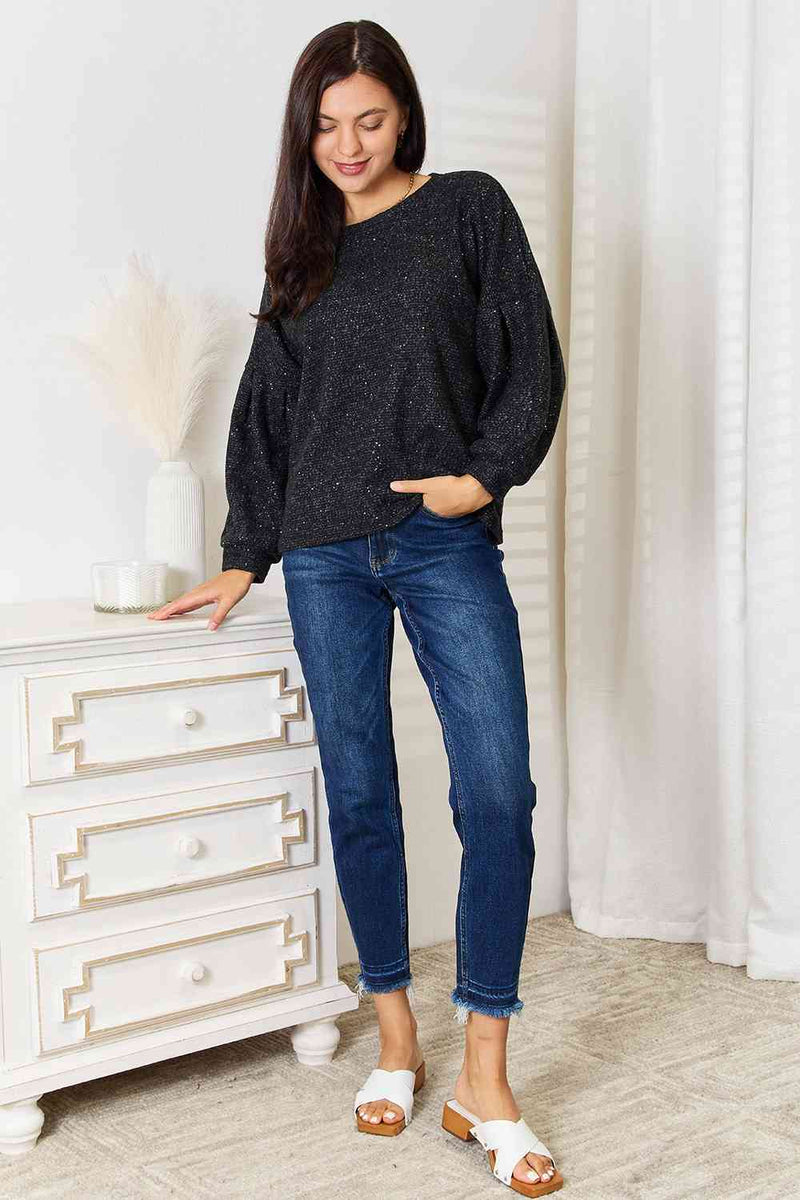 Full Size Boat Neck Glitter Long Sleeve Top