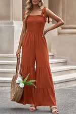 Tie-Shoulder Smocked Tiered Jumpsuit (PLEASE ALLOW 5-14 DAYS FOR PROCESSING AND SHIPPING)