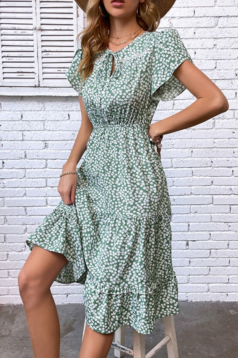 Floral Tie Neck Petal Sleeve Dress(PLEASE ALLOW 5-14 DAYS FOR PROCESSING AND SHIPPING)