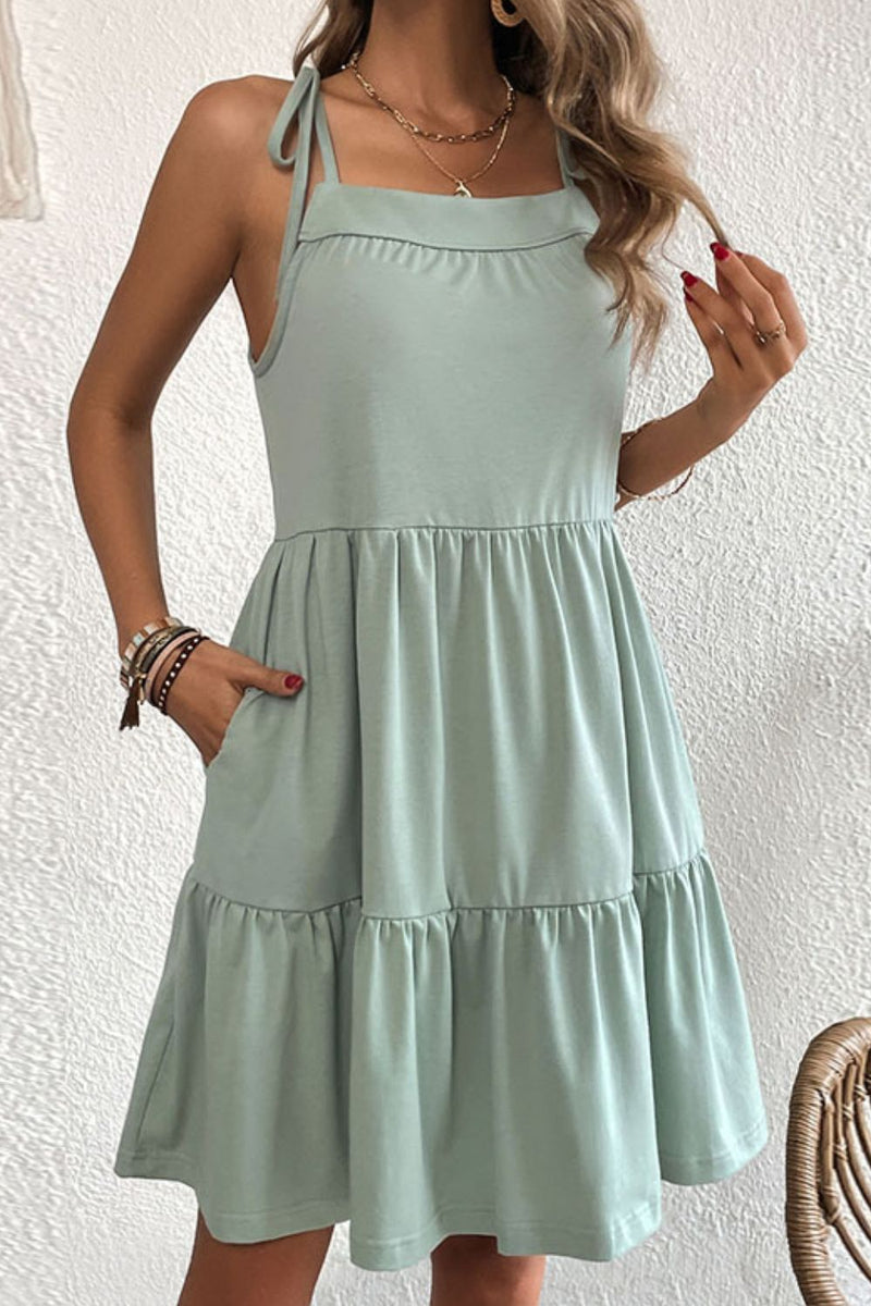 Tie-Shoulder Tiered Dress with Pockets(PLEASE ALLOW 5-14 DAYS FOR PROCESSING AND SHIPPING)