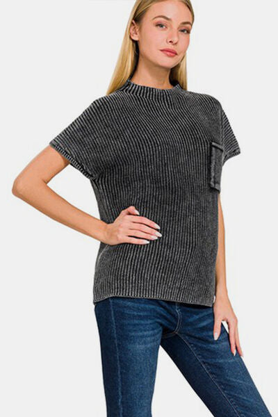 Pocketed Mock Neck Short Sleeve Sweater