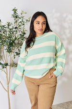 Full Size Contrast Striped Round Neck Sweater