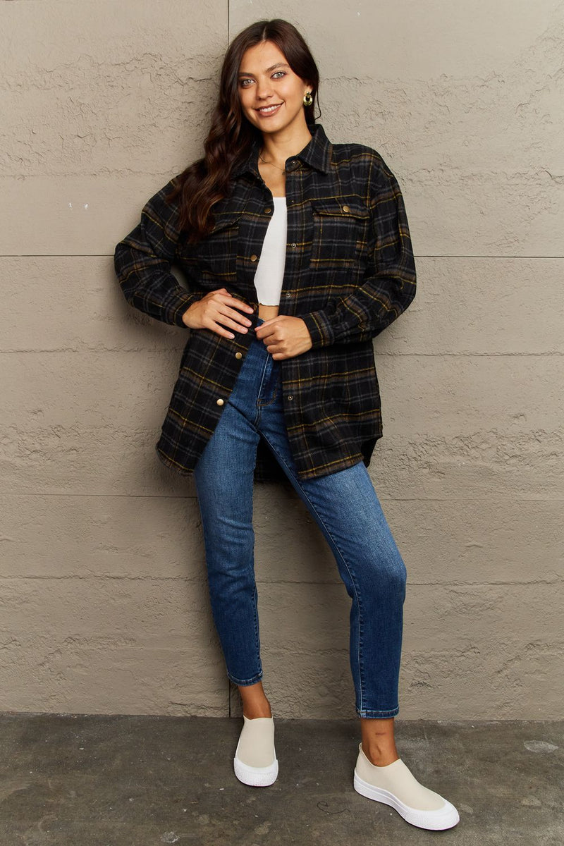 Plaid Collared Neck Button-Down Long Sleeve Jacket